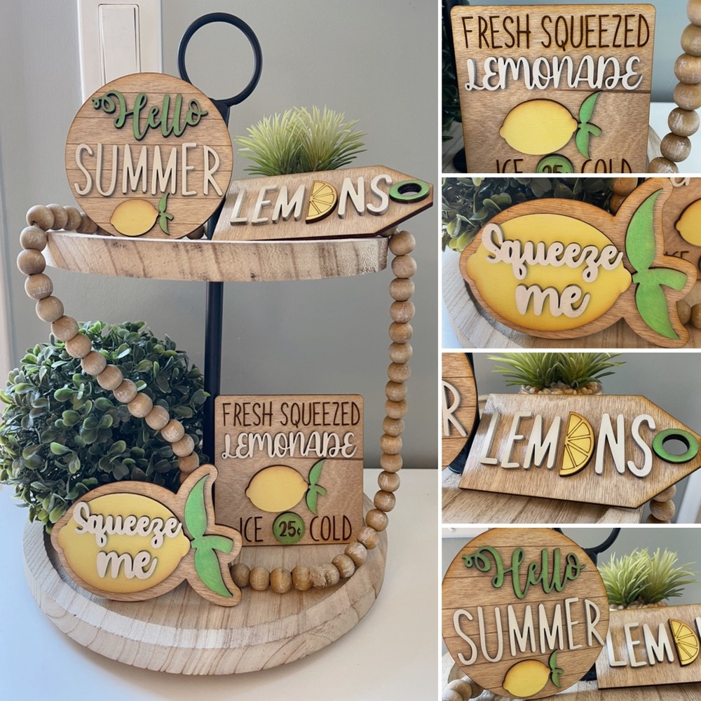 New 4PC Summer Inspired Lemon Tiered Tray Decor | Wood 3D | Hand Painted
